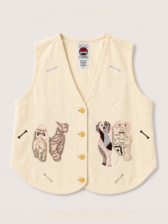 Vintage Jackets & Blazers - Vintage Cream Embroidered Cotton Vest Size Medium Animals Dog Bones
